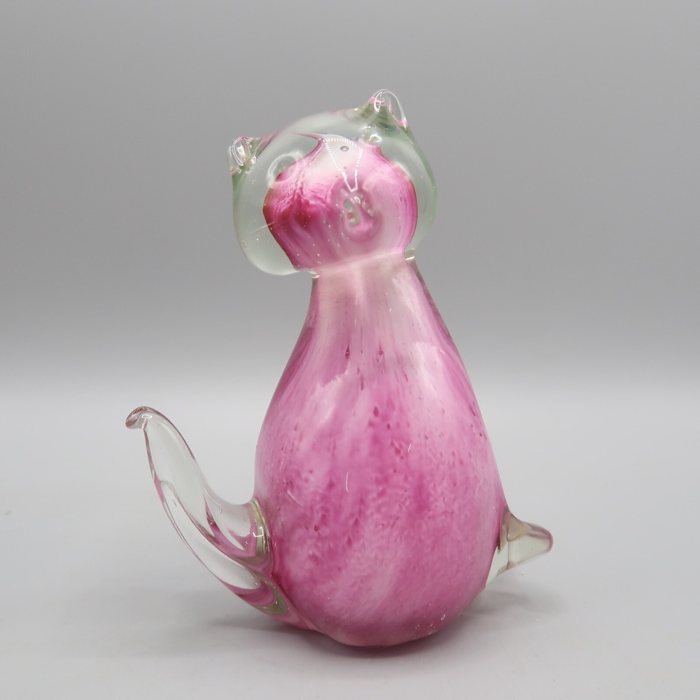 Vintage Art Glass Pink Cat Kitten‎ Paperweight Figurine Hand Blown statue